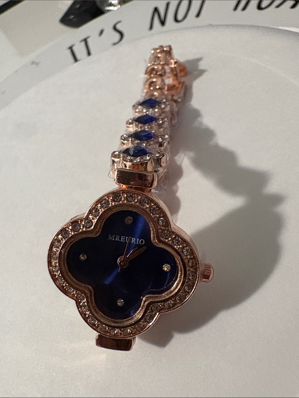 Women's Rose Gold Bracelet Watch with Blue Dial and Crystal Accents